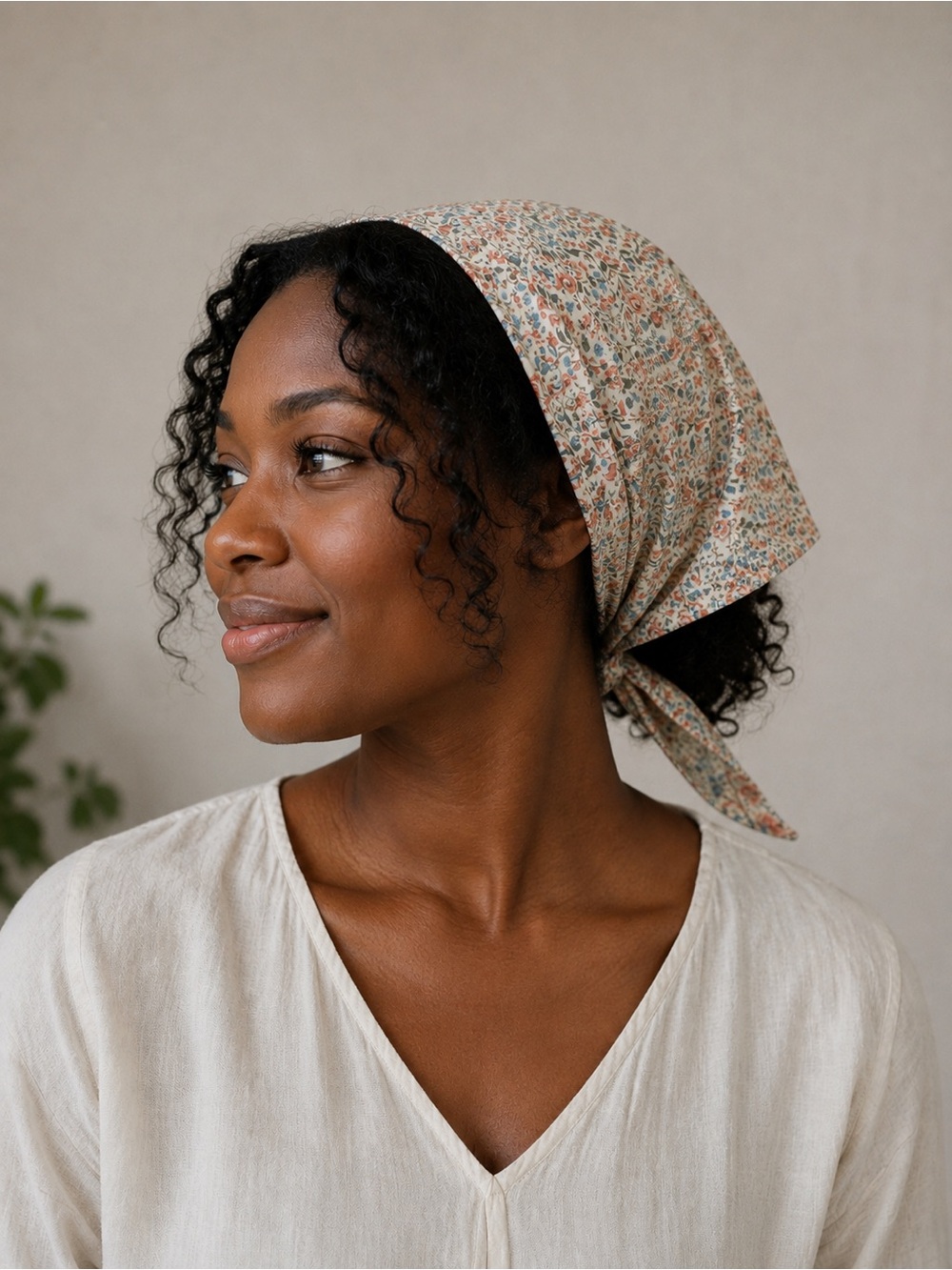 Floral Cotton Headscarf - Beige Multi